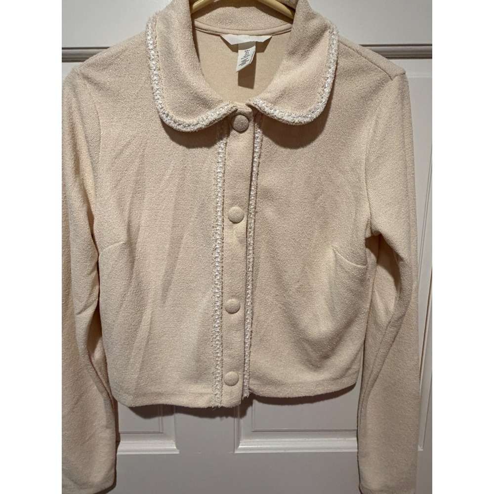 H&M Cream Boucle Knit Cropped Cardigan Peter Pan Collar Braided Trim Small